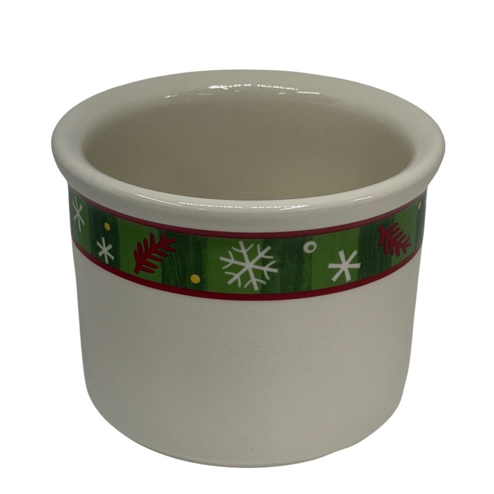 Longaberger Holiday Pottery One Pint Crock Ivory Green Red Snowflake‎ Christmas